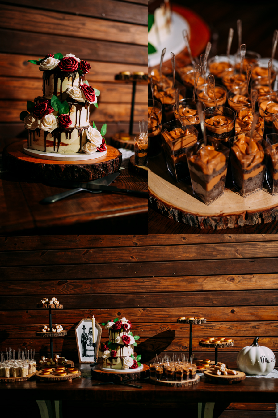 Collage of wedding cake and dessert table at Ever After Farms Ranch wedding